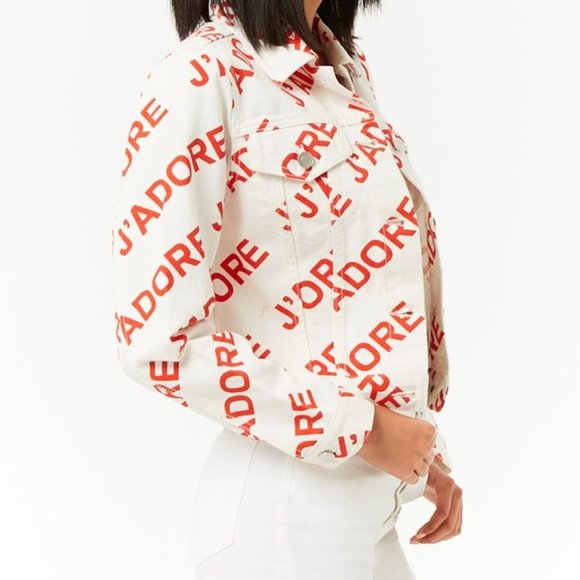 NWT Forever 21 J Adore white cotton denim cropped jean I love letter jacket F21 - Picture 2 of 16